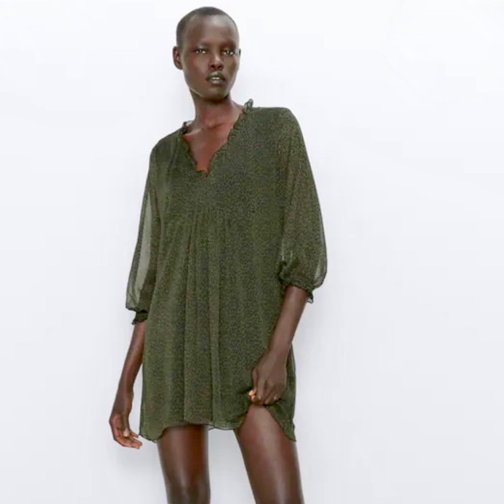 Zara Green & Black Animal Print V neck Mini Dress - Picture 3 of 10